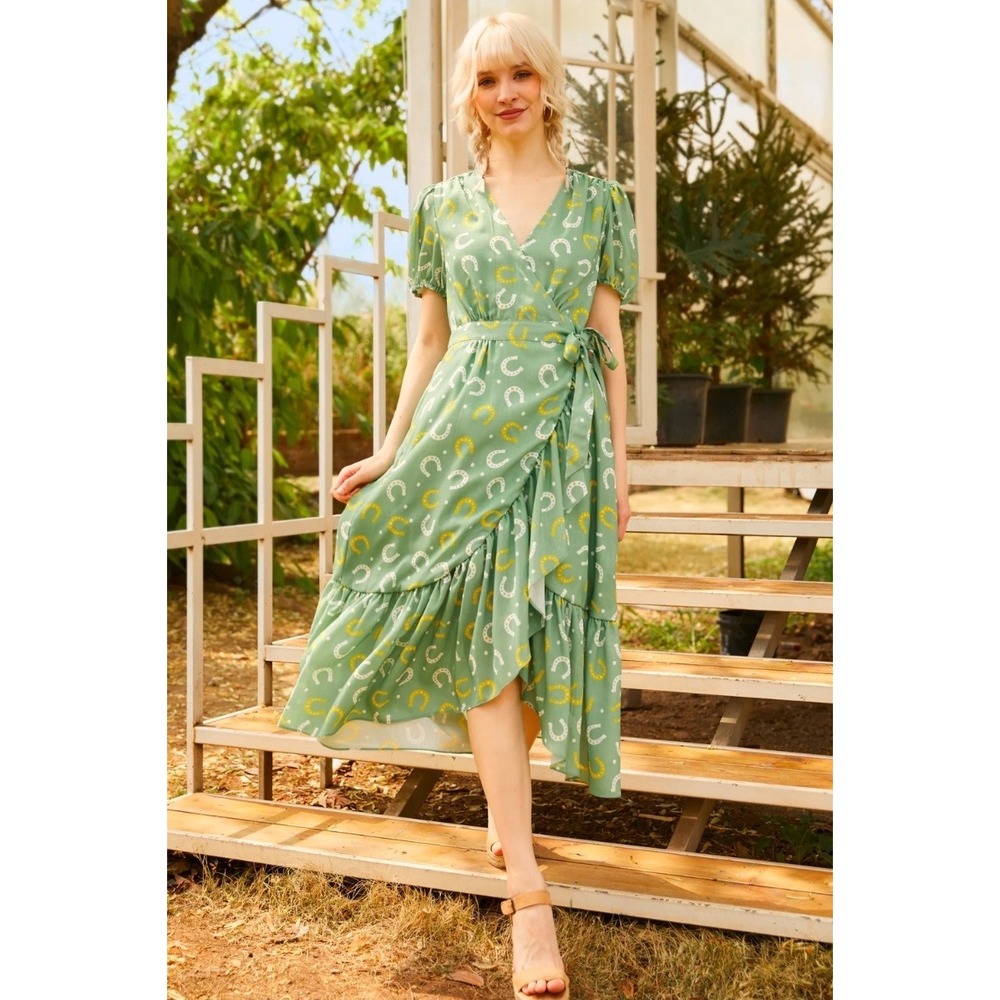 ModCloth Whimsical Milkmaid Horseshoe Print Midi Dress Peasant Green Wrap Size M